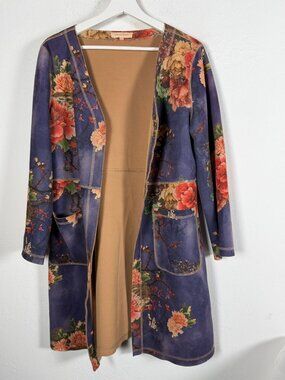 Solitaire Navy Floral Print Open Front Duster Cardigan Medium Boho Cottagecore